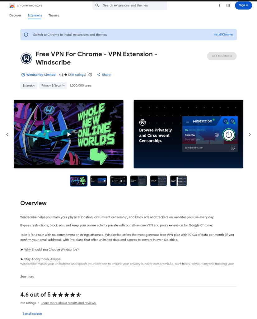 Windscribe free VPN Chrome extension to unblock YouTube at school