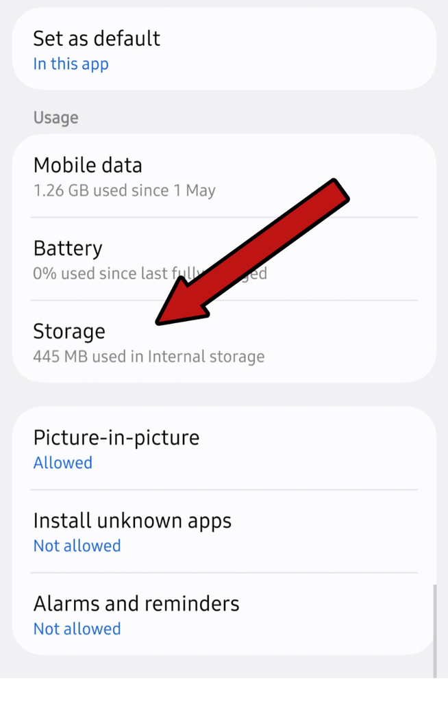 Select Storage option in WhatsApp app info