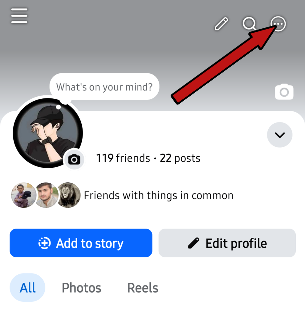 How to find my FB URL by tapping the 3 dots menu on the profile screen in the Facebook mobile app