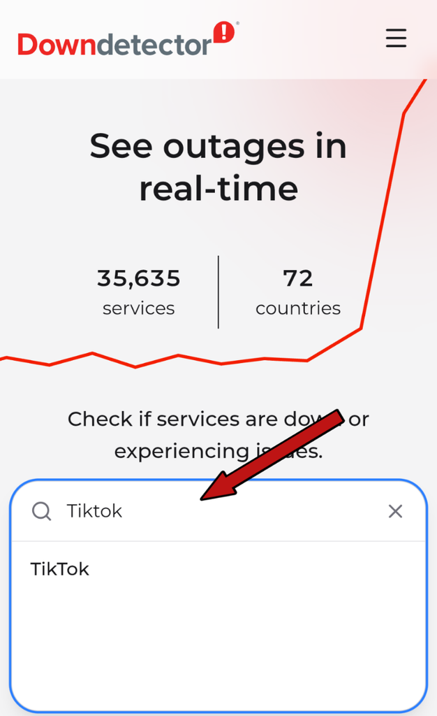 Searching TikTok on DownDetector website to check server outage status