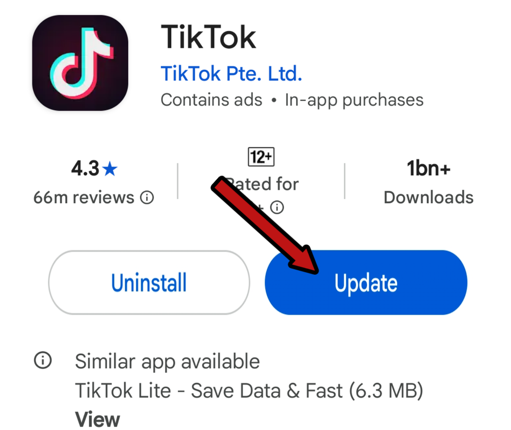 Tap the Update button on Play Store to fix TikTok loading errors.