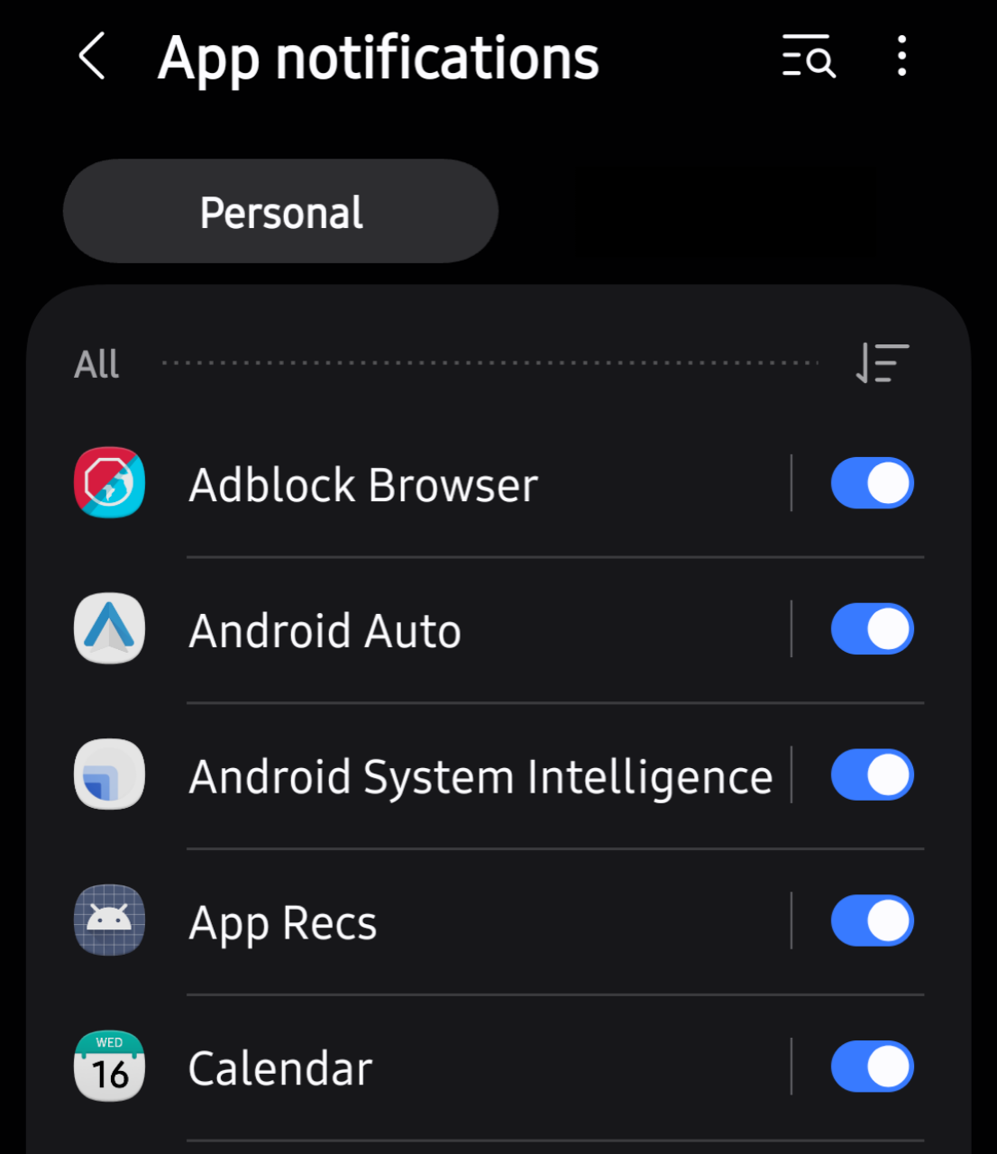 Android app notifications settings screen showing toggles to enable notifications